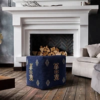LR Home Victoria 18" Power-Loomed Polyester Blend Pouf in Navy Blue