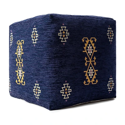 LR Home Victoria 18" Power-Loomed Polyester Blend Pouf in Navy Blue