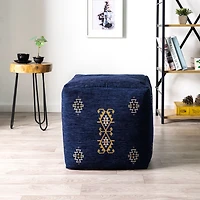 LR Home Victoria 18" Power-Loomed Polyester Blend Pouf in Navy Blue