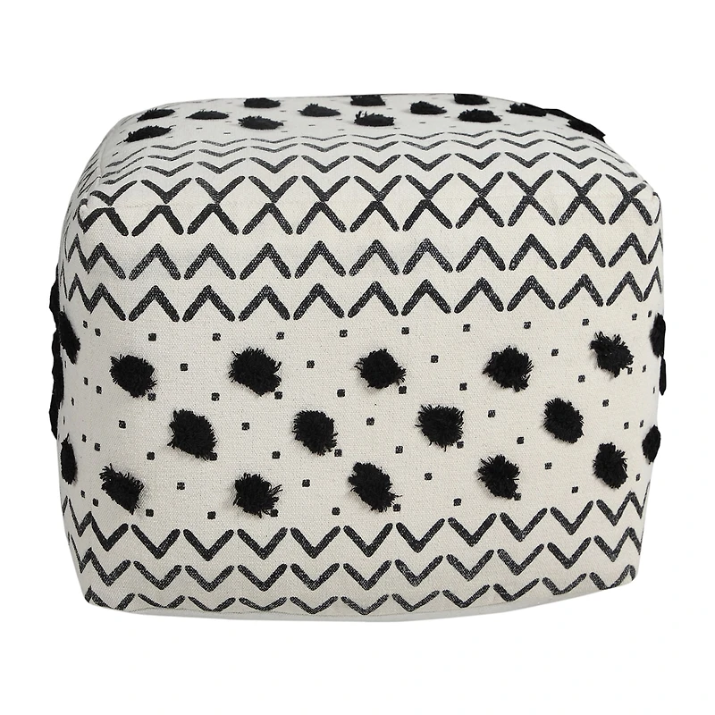 LR Home Verena 14" Handmade Cotton Pouf in Black/White