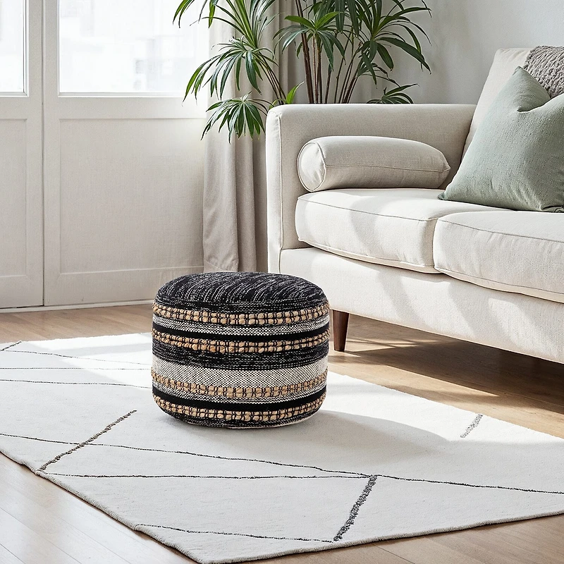 LR Home Briala 14" Handmade Cotton Blend Pouf in Black/White/Natural