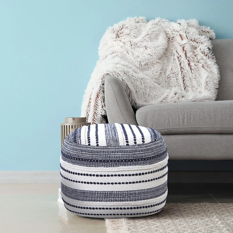 LR Home Fenric 14" Handmade Cotton Pouf in Blue/White