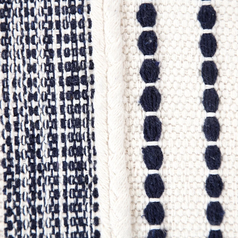 LR Home Fenric 14" Handmade Cotton Pouf in Blue/White