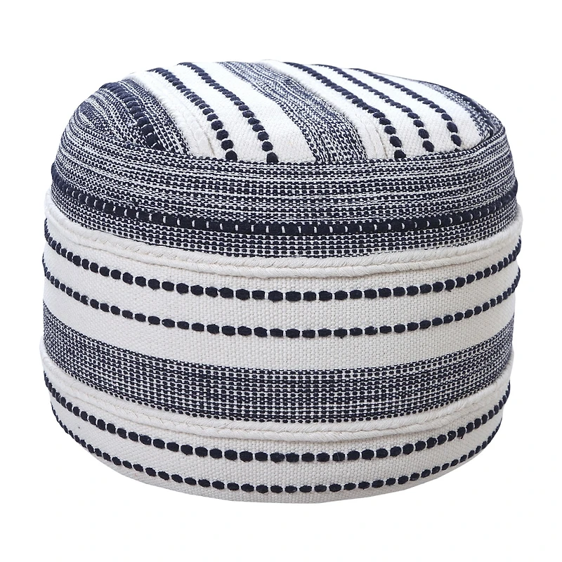 LR Home Fenric 14" Handmade Cotton Pouf in Blue/White