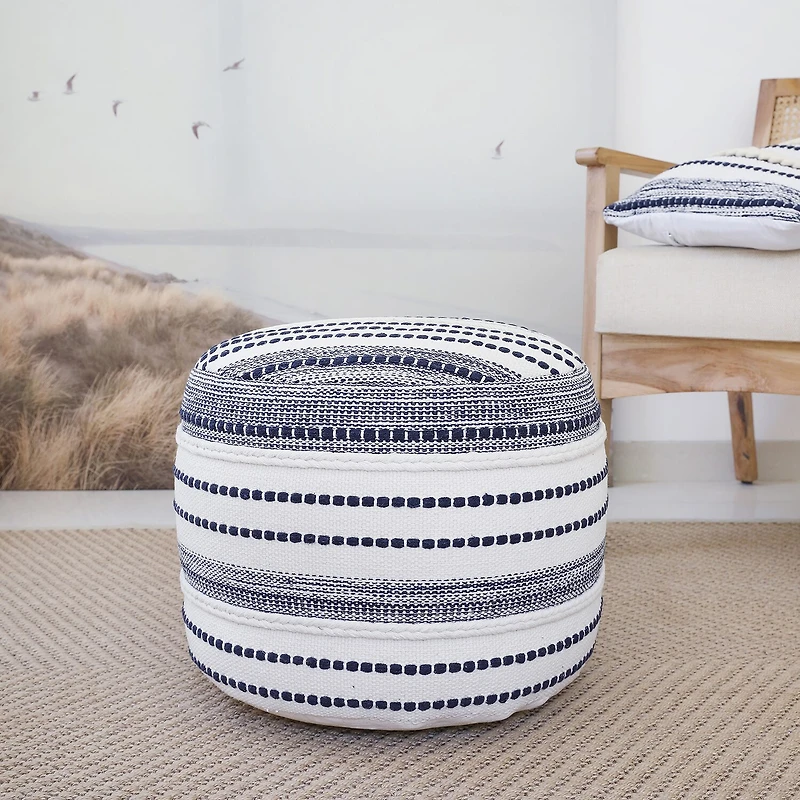 LR Home Fenric 14" Handmade Cotton Pouf in Blue/White