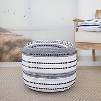 LR Home Fenric 14" Handmade Cotton Pouf in Blue/White
