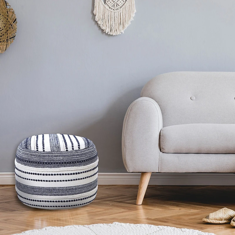 LR Home Fenric 14" Handmade Cotton Pouf in Blue/White
