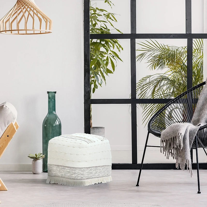 LR Home Tristan 14" Handmade Cotton Blend Pouf in Cream
