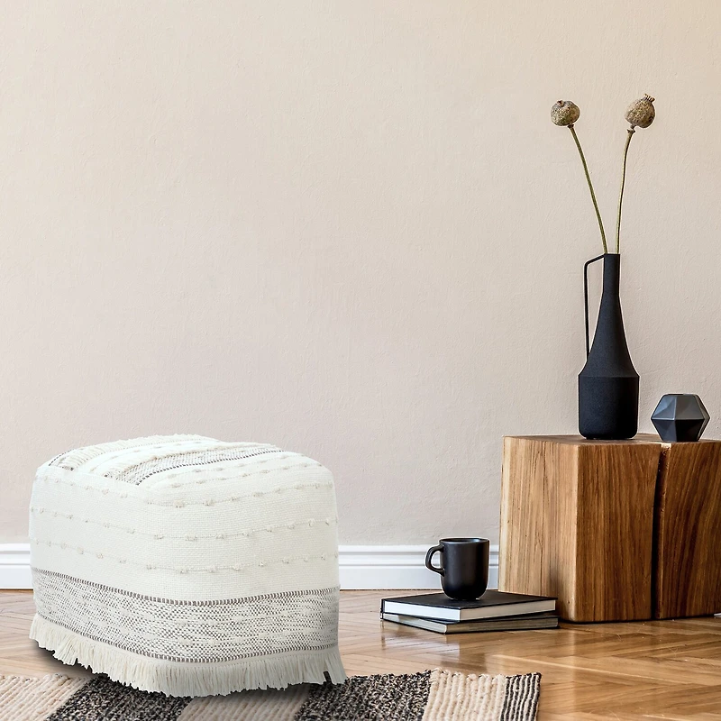 LR Home Tristan 14" Handmade Cotton Blend Pouf in Cream