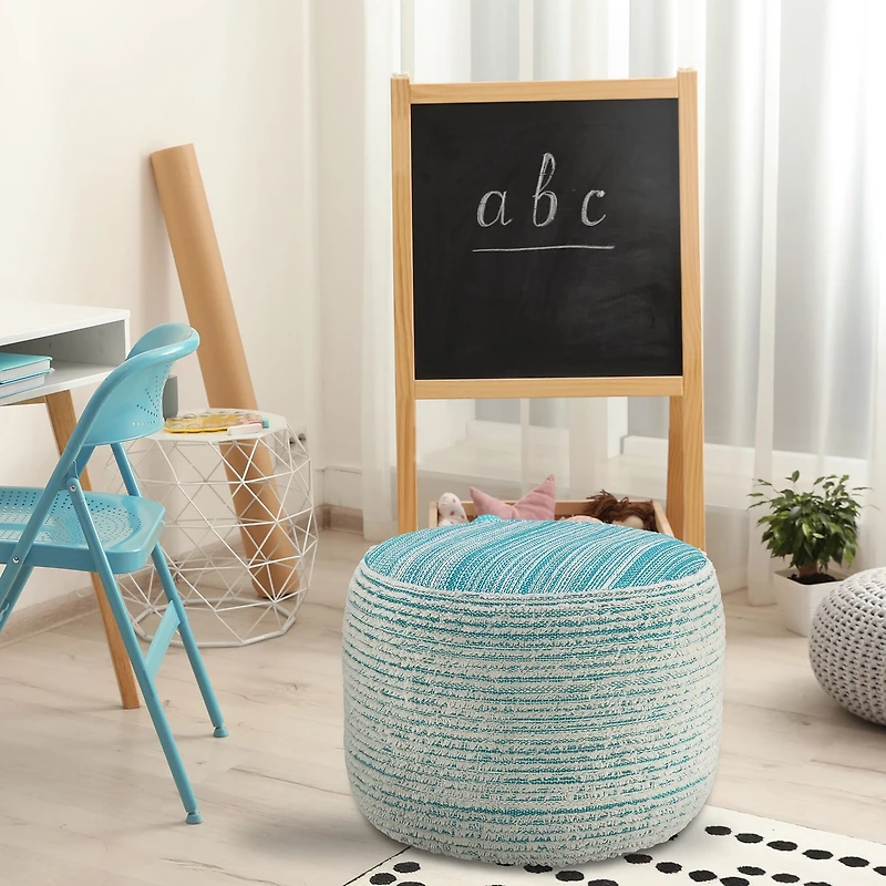 LR Home Timothy 14" Handwoven Polyester Pouf in Blue/Cream