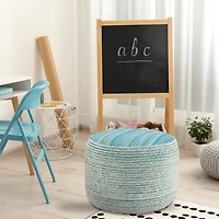 LR Home Timothy 14" Handwoven Polyester Pouf in Blue/Cream
