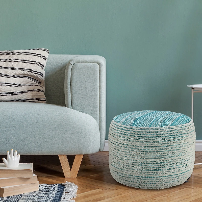 LR Home Timothy 14" Handwoven Polyester Pouf in Blue/Cream