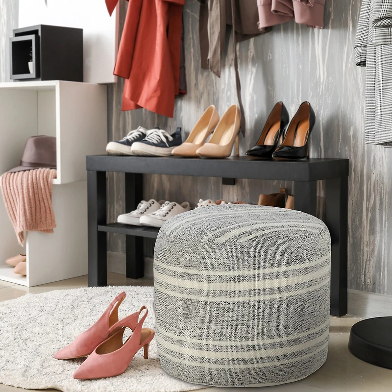 LR Home Bora 14" Handmade Polyester Pouf in Gray/Cream