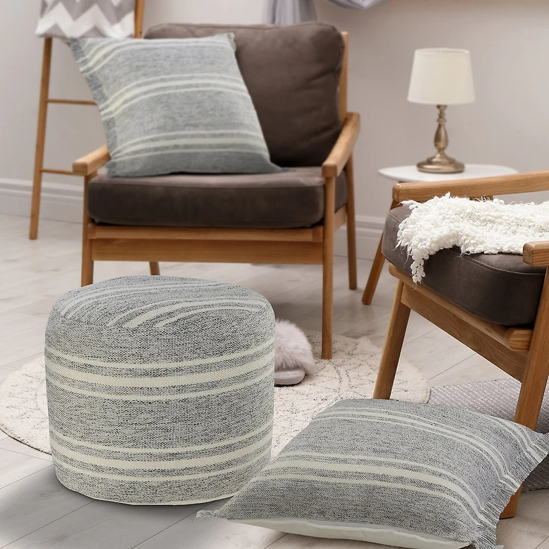 LR Home Bora 14" Handmade Polyester Pouf in Gray/Cream