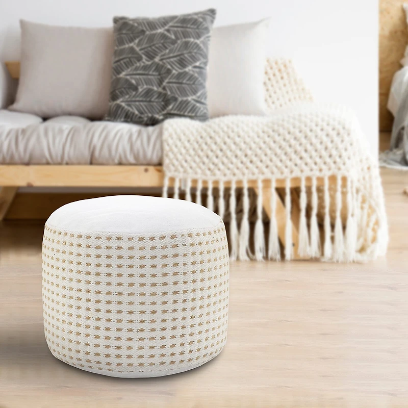 LR Home Naples 14" Handmade Jute Blend Pouf in White/Tan