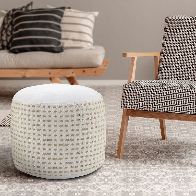 LR Home Naples 14" Handmade Jute Blend Pouf in White/Tan