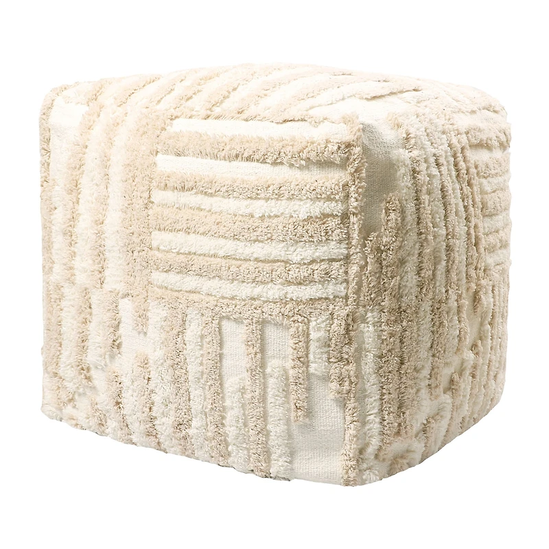 LR Home Vincenzo 18" Power-Loomed Cotton Pouf in Beige/Cream