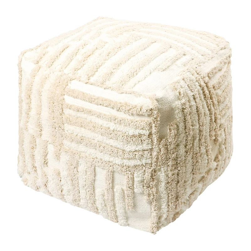 LR Home Vincenzo 18" Power-Loomed Cotton Pouf in Beige/Cream