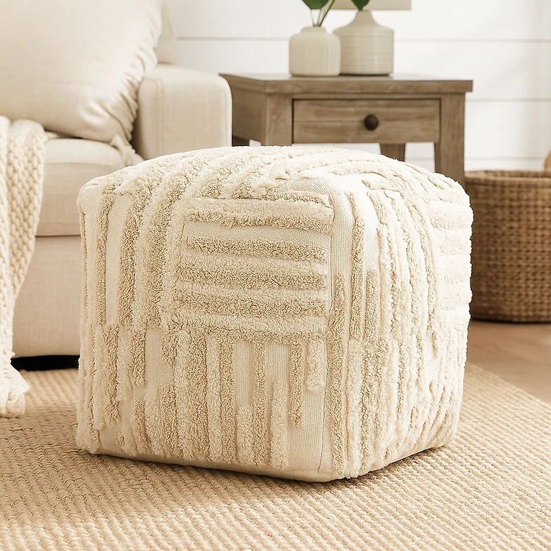 LR Home Vincenzo 18" Power-Loomed Cotton Pouf in Beige/Cream
