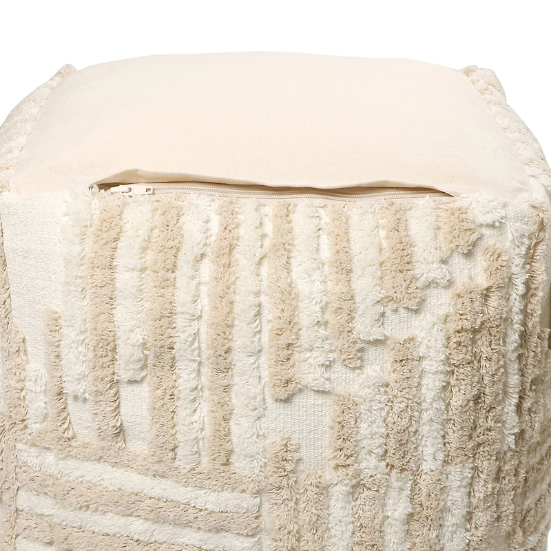 LR Home Vincenzo 18" Power-Loomed Cotton Pouf in Beige/Cream