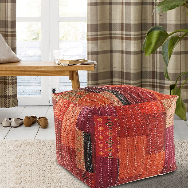 LR Home Wales 20" Handmade Pouf in Red Patchwork