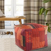 LR Home Wales 20" Handmade Pouf in Red Patchwork