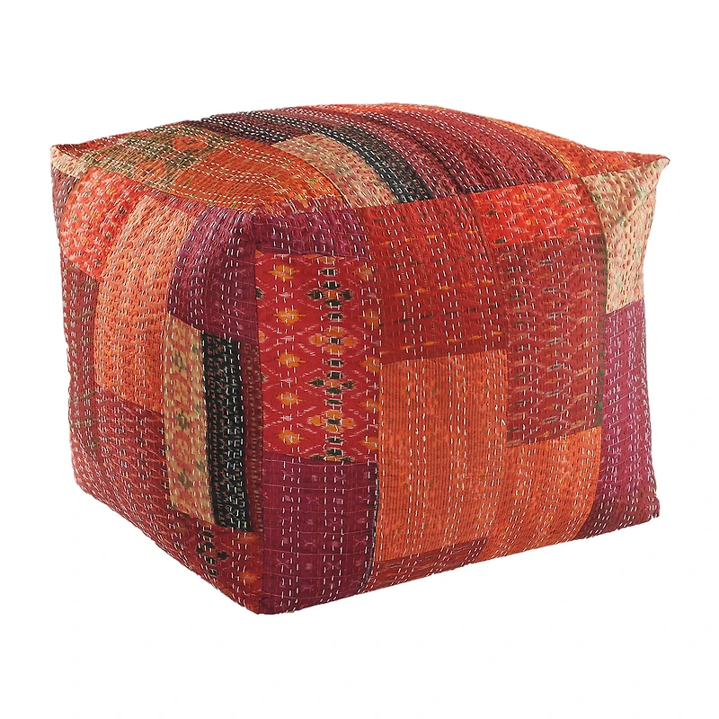 LR Home Wales 20" Handmade Pouf in Red Patchwork