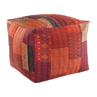 LR Home Wales 20" Handmade Pouf in Red Patchwork