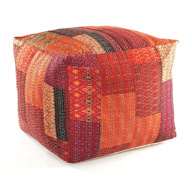 LR Home Wales 20" Handmade Pouf in Red Patchwork