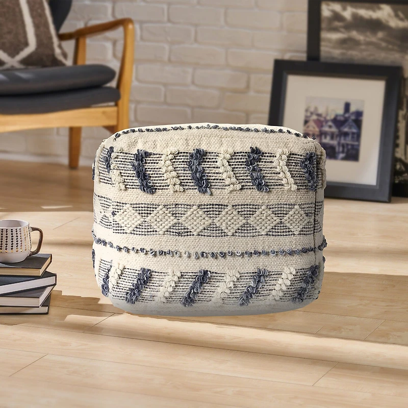 LR Home Seraphina 14" Handmade Wool Blend Pouf in Blue/Cream