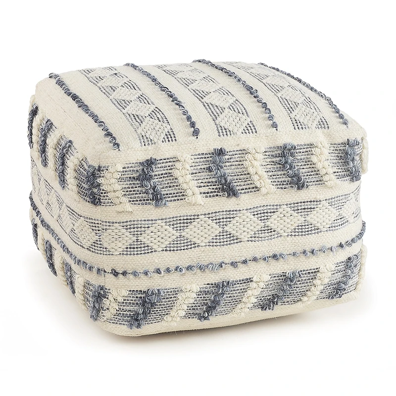 LR Home Seraphina 14" Handmade Wool Blend Pouf in Blue/Cream