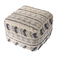 LR Home Seraphina 14" Handmade Wool Blend Pouf in Blue/Cream