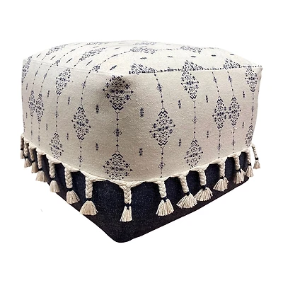 LR Home Torquil 14" Handwoven Cotton Pouf in Blue/White