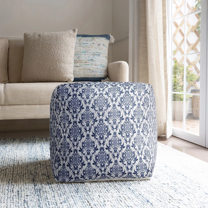 LR Home Wolfram 18" Handwoven Cotton Pouf in Blue/White