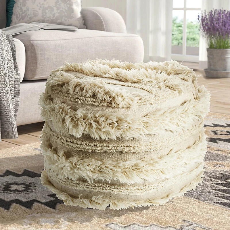 LR Home Liam 14" Handmade Cotton Pouf in Ivory
