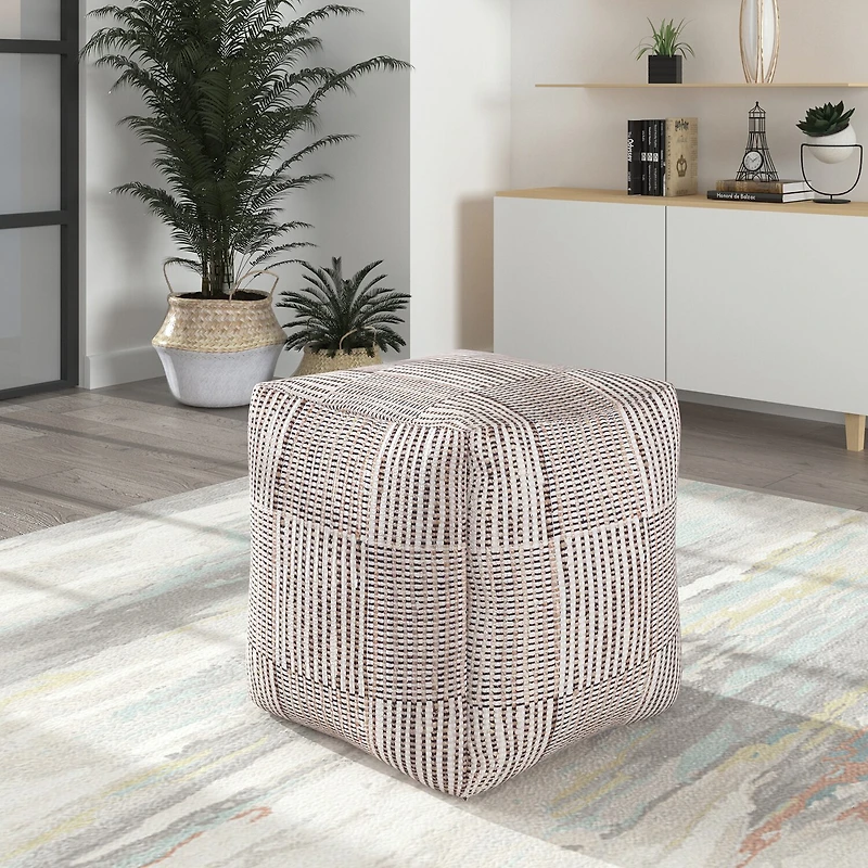 LR Home Emily 18" Handmade Cotton And Jute Pouf in Natural/Cream