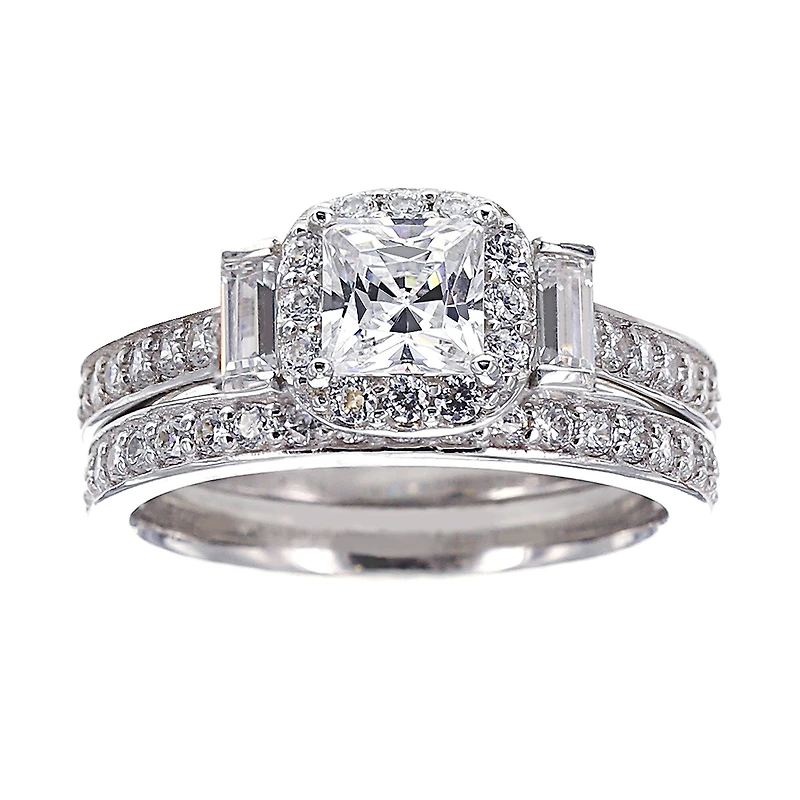 DiamonArt® Cubic Zirconia Sterling Silver 3-Stone Bridal Ring Set