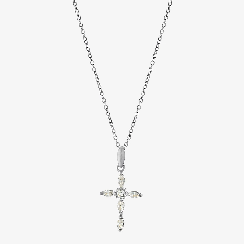 Silver Treasures Womens Cubic Zirconia Sterling Silver Cross 18 Inch Pendant Necklace
