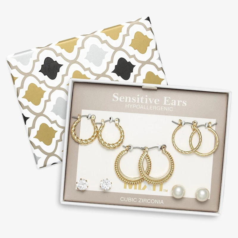Mixit Womens Simulated Pearl Stainless Steel Round Hypoallergenic 5 Pair Earring Set