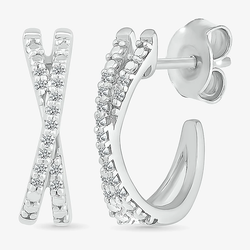 Crossover C-Hoop Womens 1/10 CT. T.W. Natural White Diamond Sterling Silver 14mm Hoop Earrings