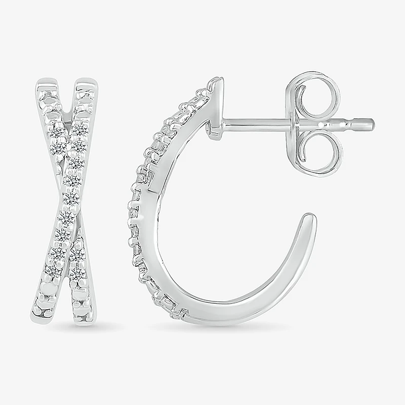 Crossover C-Hoop Womens 1/10 CT. T.W. Natural White Diamond Sterling Silver 14mm Hoop Earrings