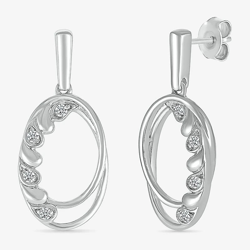 Womens 1/10 CT. T.W. Natural White Diamond Sterling Silver Oval Drop Earrings