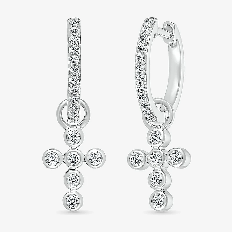 Womens 1/5 CT. Natural White Diamond Sterling Silver 28mm Cross Hoop Earrings