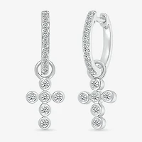 Womens 1/5 CT. Natural White Diamond Sterling Silver 28mm Cross Hoop Earrings