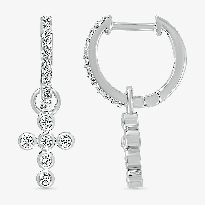 Womens 1/5 CT. Natural White Diamond Sterling Silver 28mm Cross Hoop Earrings