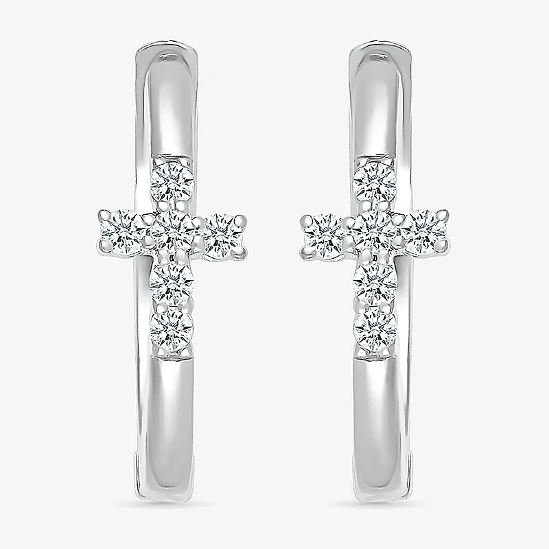 Womens 1/8 CT. T.W. Natural White Diamond Sterling Silver 15.8mm Cross Hoop Earrings