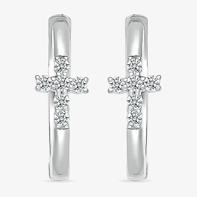 Womens 1/8 CT. T.W. Natural White Diamond Sterling Silver 15.8mm Cross Hoop Earrings