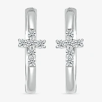 Womens 1/8 CT. T.W. Natural White Diamond Sterling Silver 15.8mm Cross Hoop Earrings