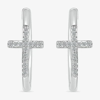 Womens 1/6 CT. T.W. Natural White Diamond Sterling Silver 20.3mm Cross Hoop Earrings