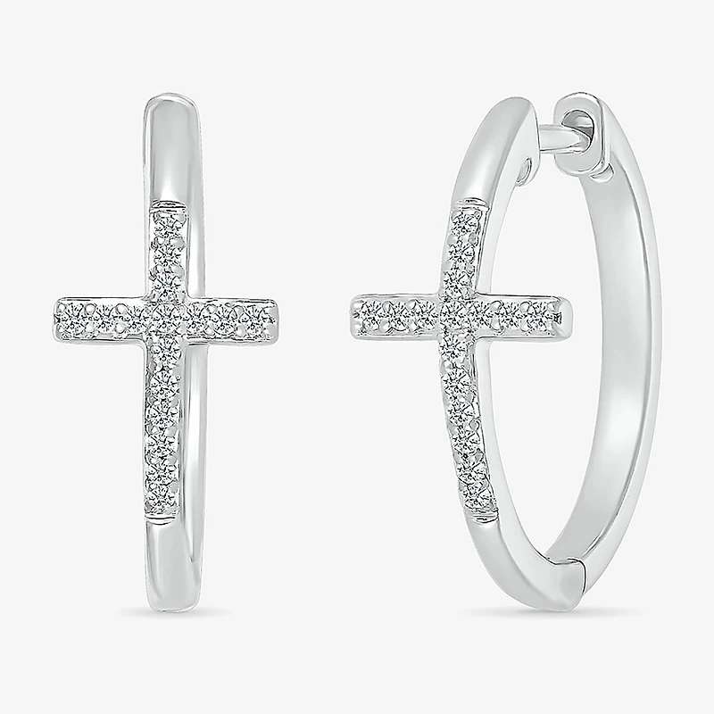 Womens 1/6 CT. T.W. Natural White Diamond Sterling Silver 20.3mm Cross Hoop Earrings